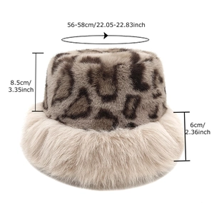 Winter leopard print faux fur bucket hat for women with plush brim and size measurements