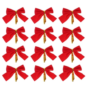 Set of 12 red Christmas decorative bows with gold pendants for tree and wreath decor