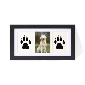 Three-window black pet memorial photo frame with paw prints and golden retriever picture