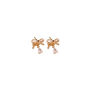 Elegant bowknot pearl drop earrings with sparkling zircon pendant in gold plating