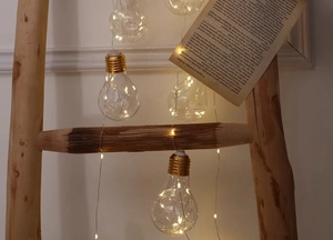 Detail of vintage Edison LED bulb string lights with warm glow on wooden ladder