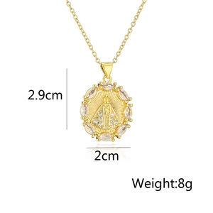 Detail view of 18K gold plated Virgin Mary pendant with dimensions 2.9cm by 2cm and weight 8g