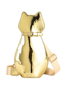 Cat-shaped shiny gold patent leather shoulder bag with adjustable strap and metallic finish