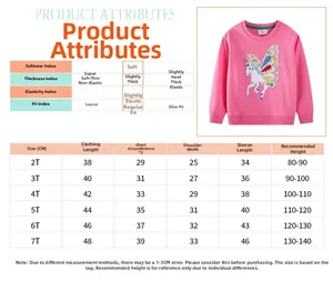 Größentabelle für Mädchen Einhorn-Sweatshirt mit detaillierten Maßen und Stoffeigenschaften