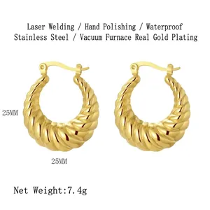 Detailed view of 25mm vacuum gold plated stainless steel twisted rope hoop earrings