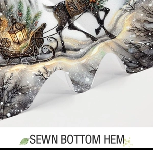 Detailed close-up showing the high-quality sewn bottom hem of a Christmas fabric shower curtain
