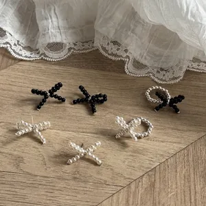 Handmade Bowknot Beaded Ring S925 Sterling Silver Beads Crystal Artificial Pearl Black Agate Sweet Retro Style For Women