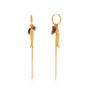 Elegant gold fish tassel earrings with red agate and tiger eye beads for women