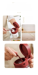 Detail of spice jar showing 15-degree tilted spoon and integrated red lid design