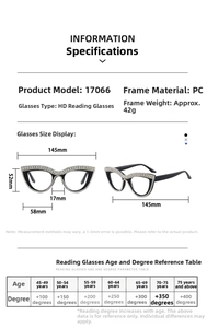Detailed size chart and reading strength guide for rhinestone cat eye sunglasses