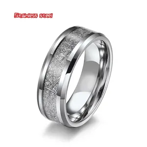 Mens stainless steel ring featuring a gray meteorite pattern inlay on silver polished band