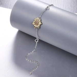 Elegant S925 sterling silver sunflower bracelet with golden petals and heart-shaped clasp