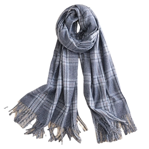 Classic blue plaid cashmere scarf with fringes, thick winter shawl for women
