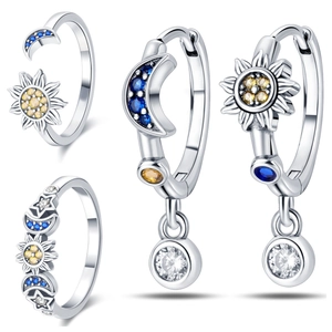Silver Plated Copper Star Moon Earrings Sun Moon Celestial Rings Rhinestone Jewelry Set For Women Party Accessories