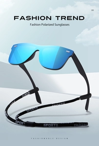 Polarized sunglasses with blue mirrored lenses, black frames, and sports neck strap