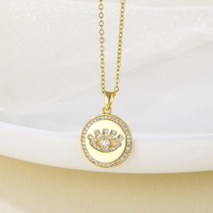 Collier Pendentif Mauvais Œil Turc Acier Inoxydable Plaqué Or Zircone Charme Géométrique Rond Bijoux Femmes