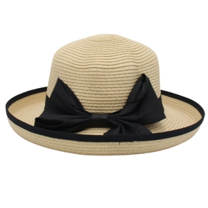 Women Straw Hat Wide Brim Sun Protection Elegant Bow Decor Grosgrain Ribbon French Hepburn Style Summer Beach Travel