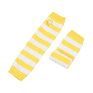 Detail of yellow and white striped knitted arm warmers featuring functional finger holes
