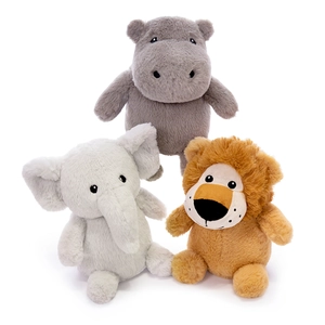 Plush animal toys collection featuring grey hippo, elephant and brown lion for kids