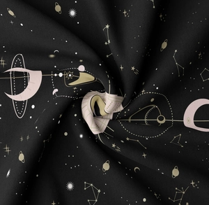 Detailed macro view of black tapestry fabric with celestial moon and star print texture
