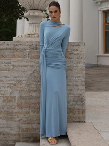 Robe longue chic de style français à manches longues et taille plissée bleu brume