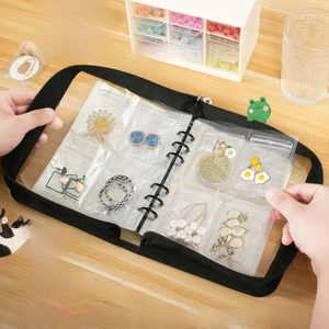 Black zippered large capacity jewelry organizer binder with transparent PVC inner pockets