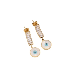 Golden stainless steel stud earrings with rectangular zircon and evil eye shell pendants