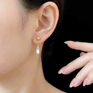 Luxury two-way waterdrop earrings with gold ball studs and silver polished metal pendants