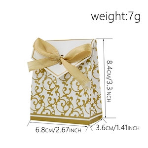 European white and gold candy box with ribbon and dimensions for wedding gift packaging