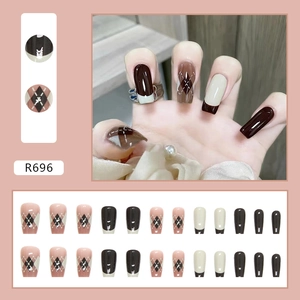 French style press-on nails with brown argyle pattern and cream white finish