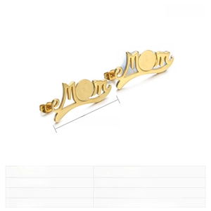 Detailed view of gold MOM letter stud earrings in stainless steel, size 35x15mm