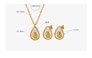 Macro shot of avocado jewelry set in gold metal with iridescent colorful shell inlay