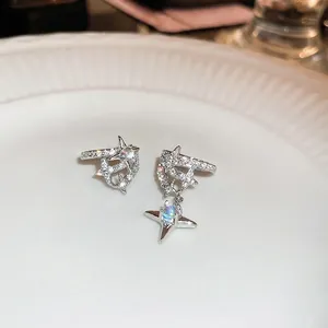 Asymmetric star moonstone ear cuff with sparkling zircons in silver finish for women