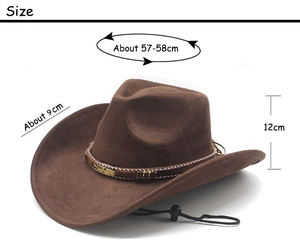 Detail of suede cowboy hat with braided band, feather charm and size measurements