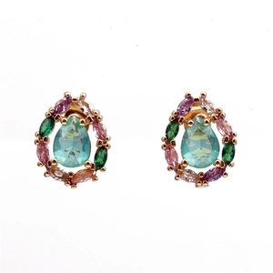 Luxurious gold-plated drop earrings featuring pear-shaped blue and colorful zircon stones