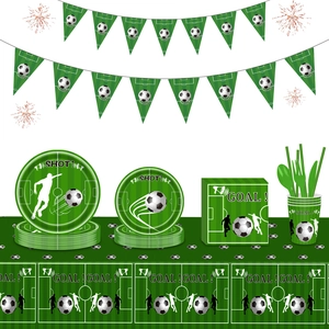 Soccer Theme Birthday Party Tableware Decoration Supplies Including Paper Plates Cups Napkins Tablecloth Banner Green Sports Field Design