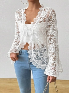 Elegant white lace long sleeve cardigan with floral hollow design and flared sleeves top