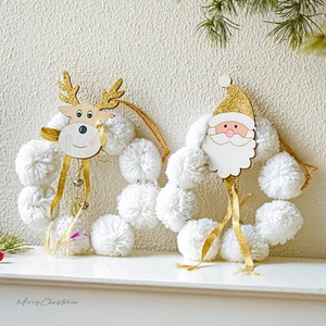 Christmas Wreath Pendant Plush Pom Pom White Gold Wooden Santa Claus Reindeer Hanging Ornament For Wall Tree Decor