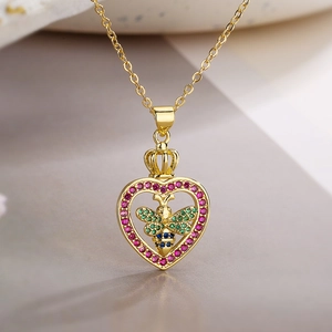 Gold plated heart pendant necklace with crown detail and colorful zircon bee inlay