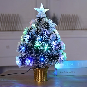 Mini fiber optic Christmas tree with multi-color LED lights and a golden basket base