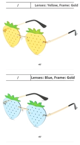 Detailed view of strawberry shaped rimless sunglasses with yellow and blue lenses