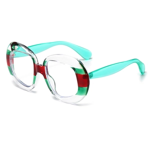 Oversized round fashion glasses with red green stripes and translucent green temples