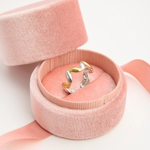 Minimalist geometric wave ring in gold and silver finish in a pink velvet jewelry box