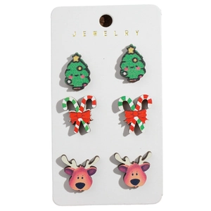 Three-pair Christmas earring set with wooden tree, candy cane, and reindeer designs