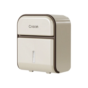 Wall-mounted cream bathroom tissue box with storage shelf and transparent view window