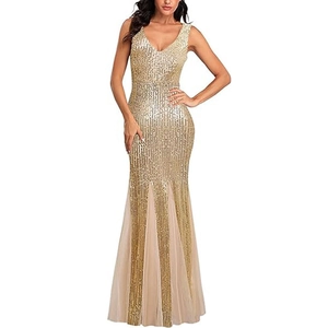 Elegant gold sequin mermaid evening gown with deep V-neck and sheer tulle hemline