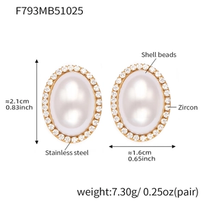 Detailed view of 18k gold plated oval shell pearl earrings with zircon pave border
