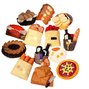 Realistic resin food magnets collection including bread baskets and pizza on white background