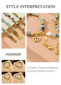 Close-up of beaded bracelets with turquoise stones, gold elephant and heart charms