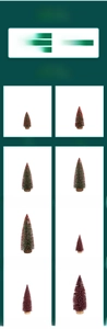 Detailed size chart for mini flocked PVC Christmas trees with wooden bases in green and rose